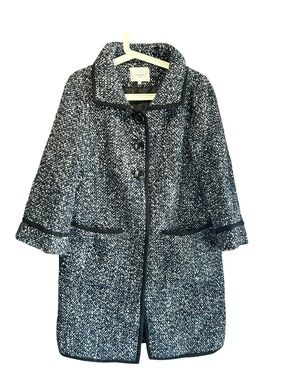Axara Paris Tweed Navy Blue, Black & White Pea Coat with Contrast Trim